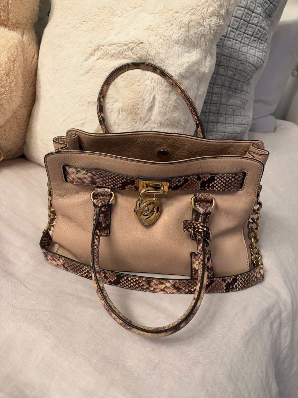Beige Leather Tote with Snake-Print Trim